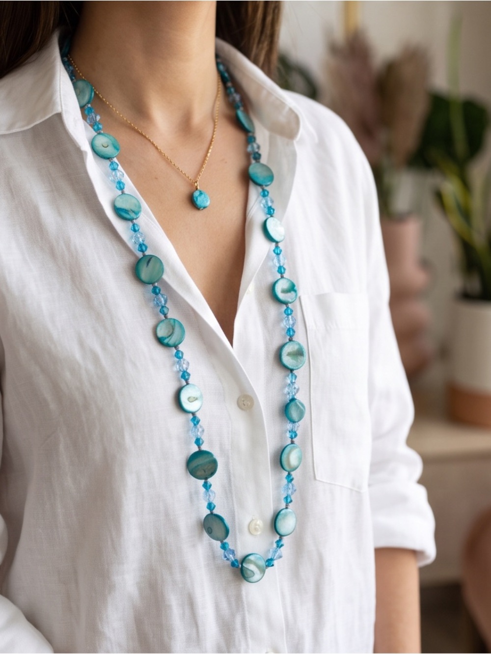 Turquoise Blue Shell Bead Necklace - Brand: